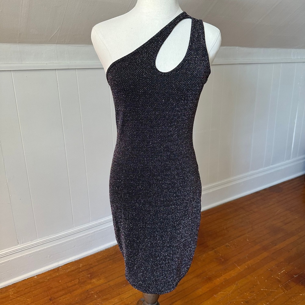 Y2K See You Monday Dress XL Black Glitter One Shoulder Cutout Mini Bodycon
